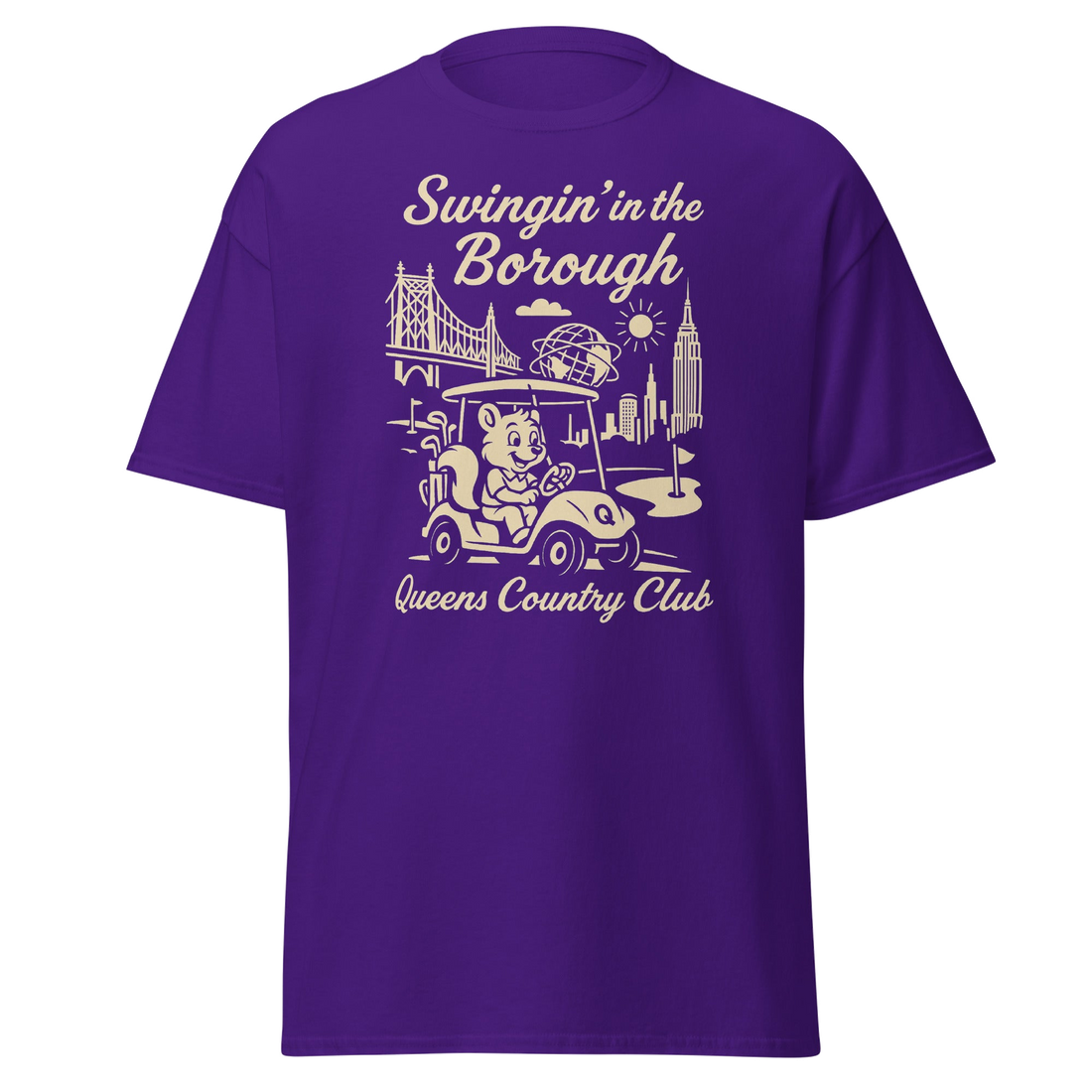 Queens Country Club T-shirt featuring vintage-style golf squirrel mascot driving a golf cart with NYC skyline, Unisphere, and Queensboro Bridge in…