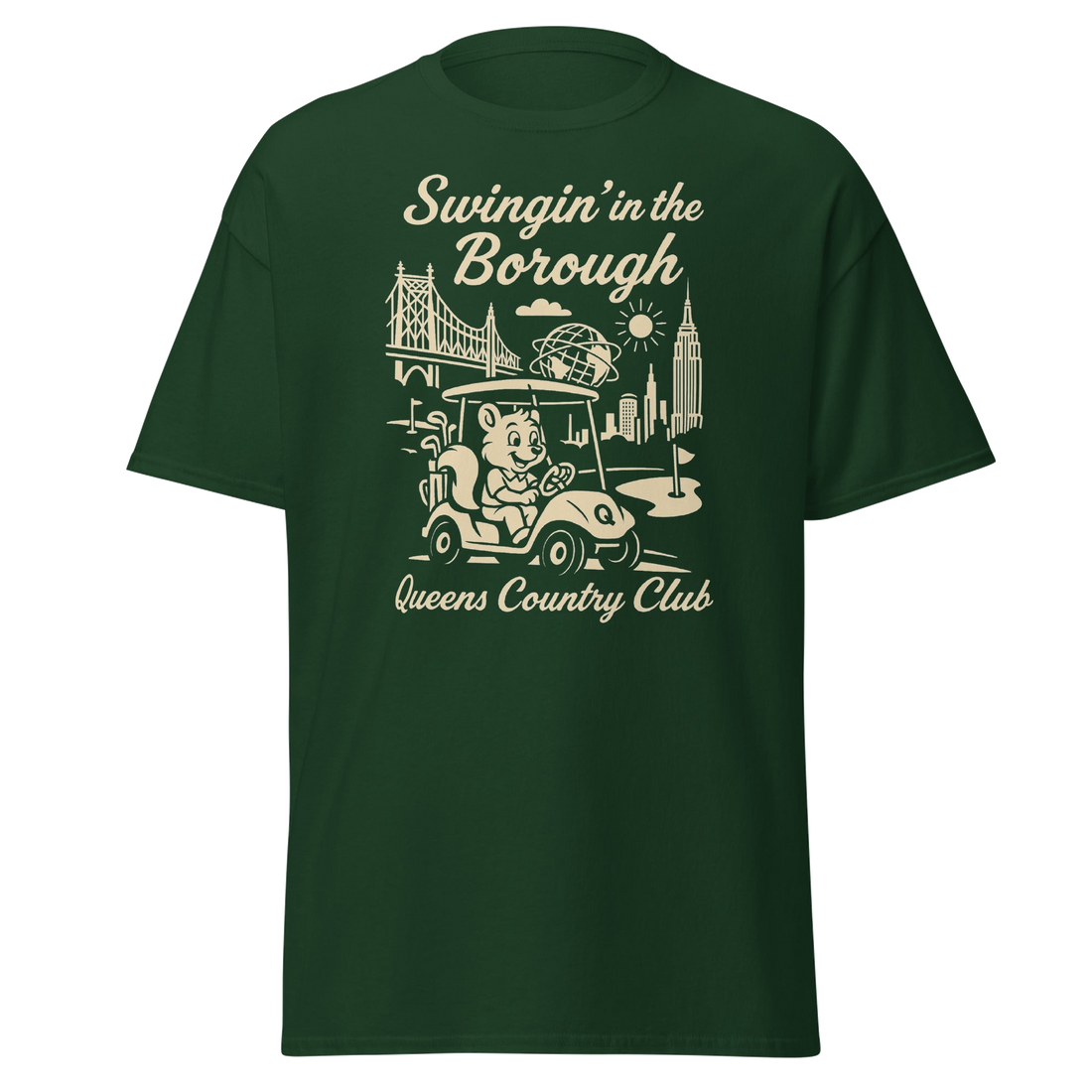Queens Country Club T-shirt featuring vintage-style golf squirrel mascot driving a golf cart with NYC skyline, Unisphere, and Queensboro Bridge in…