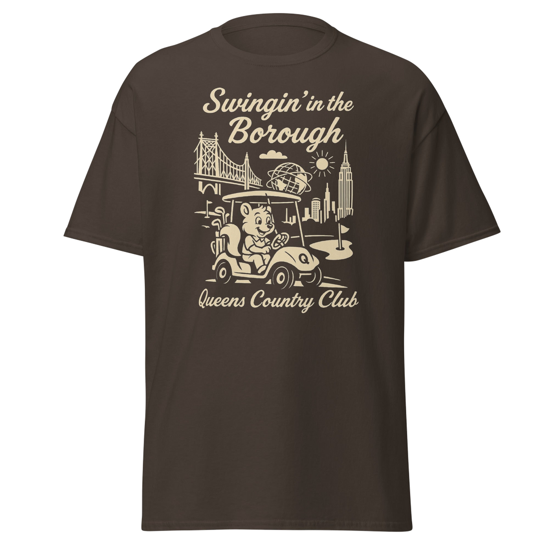 Queens Country Club T-shirt featuring vintage-style golf squirrel mascot driving a golf cart with NYC skyline, Unisphere, and Queensboro Bridge in…