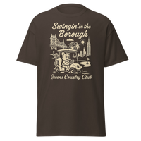 Queens Country Club T-shirt featuring vintage-style golf squirrel mascot driving a golf cart with NYC skyline, Unisphere, and Queensboro Bridge in…
