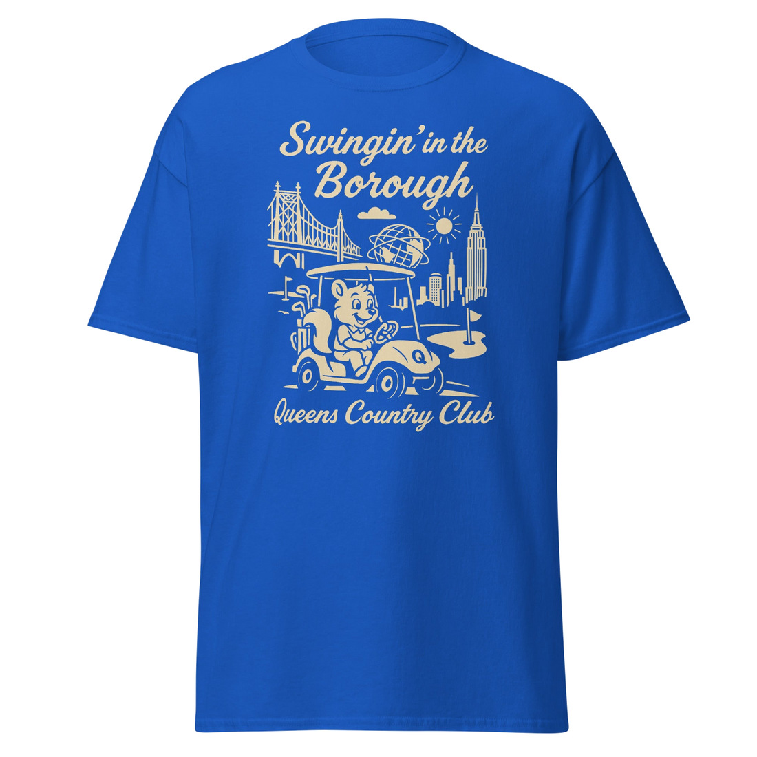 Queens Country Club T-shirt featuring vintage-style golf squirrel mascot driving a golf cart with NYC skyline, Unisphere, and Queensboro Bridge in…