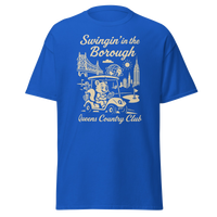 Queens Country Club T-shirt featuring vintage-style golf squirrel mascot driving a golf cart with NYC skyline, Unisphere, and Queensboro Bridge in…