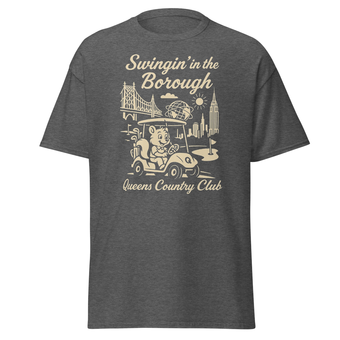 Queens Country Club T-shirt featuring vintage-style golf squirrel mascot driving a golf cart with NYC skyline, Unisphere, and Queensboro Bridge in…