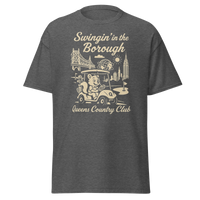 Queens Country Club T-shirt featuring vintage-style golf squirrel mascot driving a golf cart with NYC skyline, Unisphere, and Queensboro Bridge in…