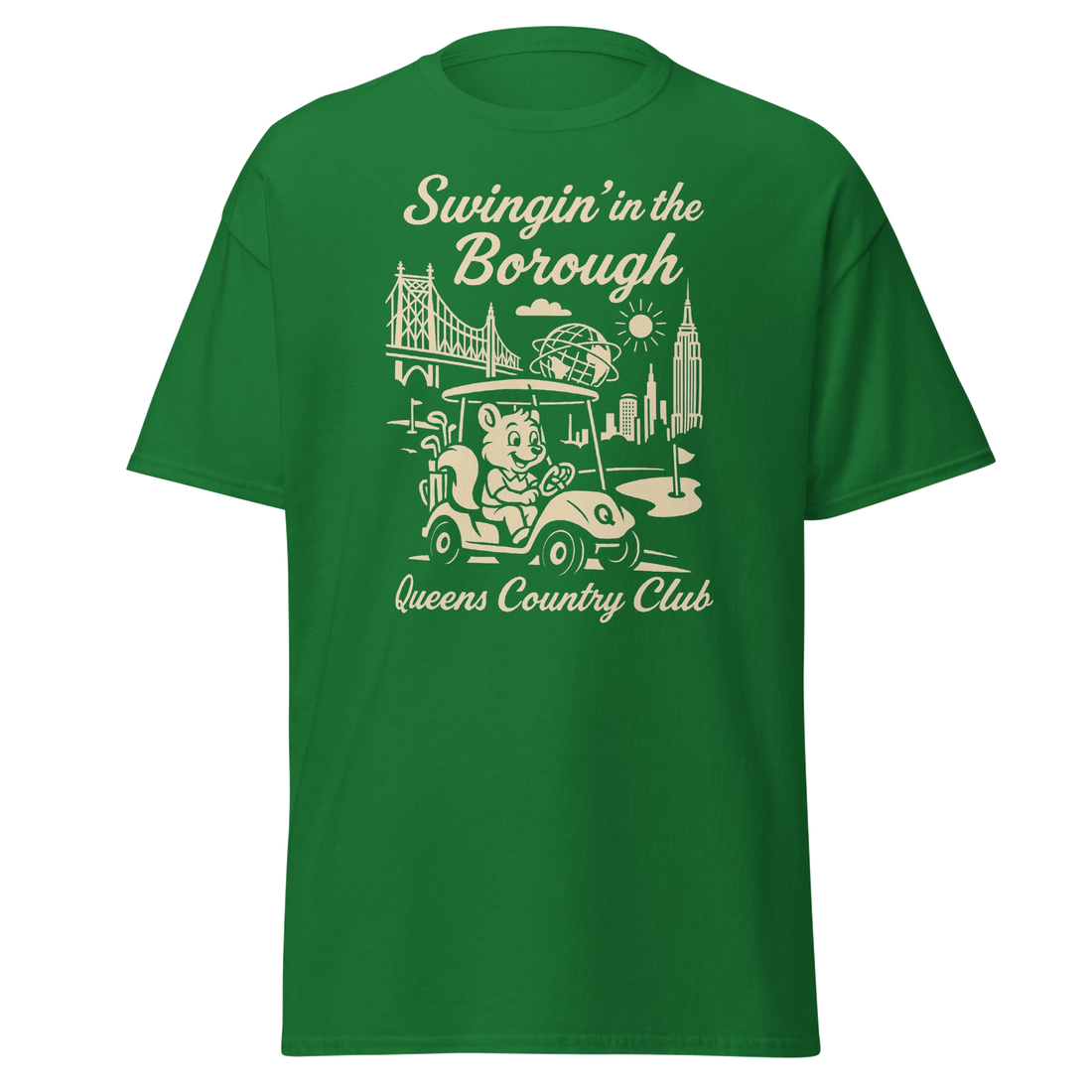 Queens Country Club T-shirt featuring vintage-style golf squirrel mascot driving a golf cart with NYC skyline, Unisphere, and Queensboro Bridge in…