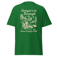 Queens Country Club T-shirt featuring vintage-style golf squirrel mascot driving a golf cart with NYC skyline, Unisphere, and Queensboro Bridge in…