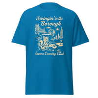 Queens Country Club T-shirt featuring vintage-style golf squirrel mascot driving a golf cart with NYC skyline, Unisphere, and Queensboro Bridge in…