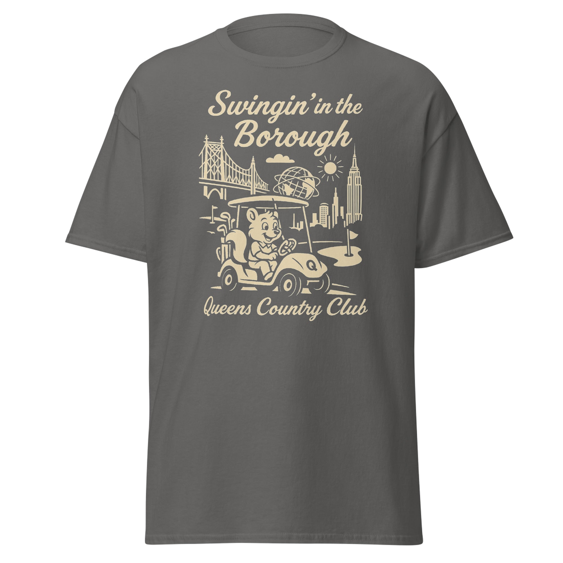 Queens Country Club T-shirt featuring vintage-style golf squirrel mascot driving a golf cart with NYC skyline, Unisphere, and Queensboro Bridge in…