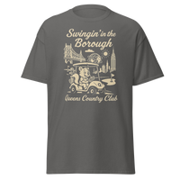Queens Country Club T-shirt featuring vintage-style golf squirrel mascot driving a golf cart with NYC skyline, Unisphere, and Queensboro Bridge in…