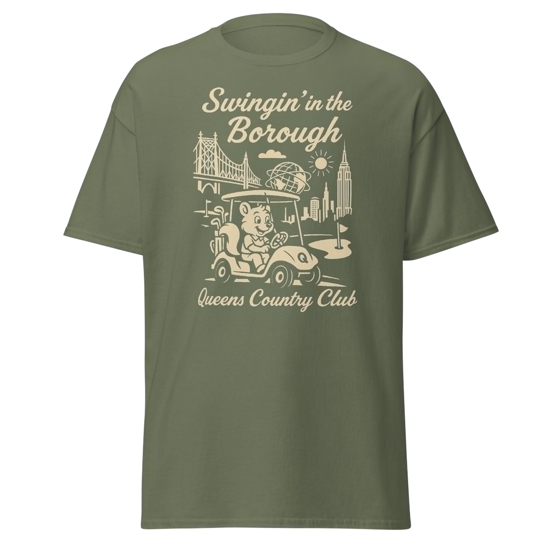 Queens Country Club T-shirt featuring vintage-style golf squirrel mascot driving a golf cart with NYC skyline, Unisphere, and Queensboro Bridge in…