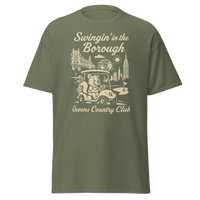 Queens Country Club T-shirt featuring vintage-style golf squirrel mascot driving a golf cart with NYC skyline, Unisphere, and Queensboro Bridge in…