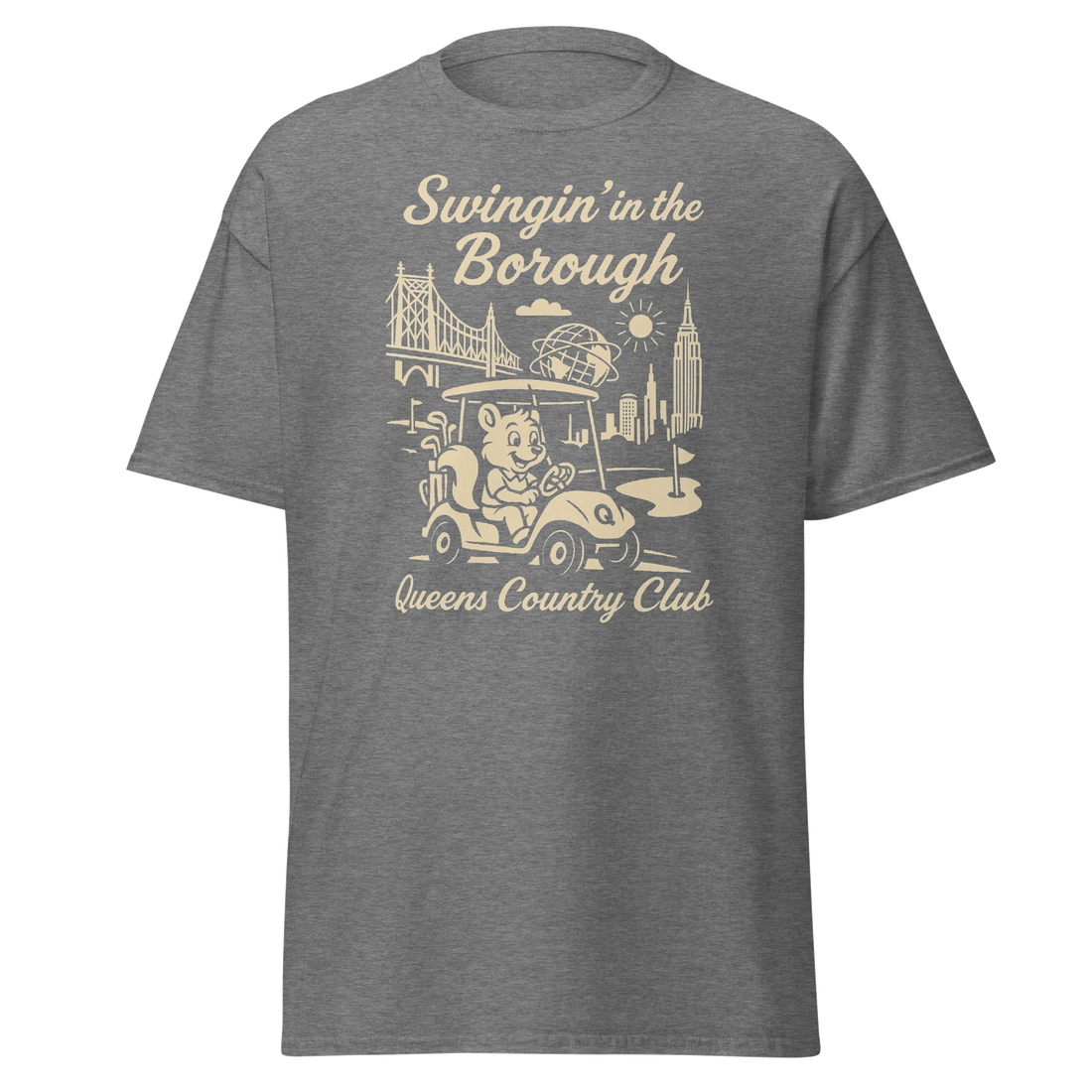 Queens Country Club T-shirt featuring vintage-style golf squirrel mascot driving a golf cart with NYC skyline, Unisphere, and Queensboro Bridge in…