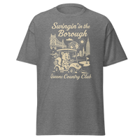 Queens Country Club T-shirt featuring vintage-style golf squirrel mascot driving a golf cart with NYC skyline, Unisphere, and Queensboro Bridge in…