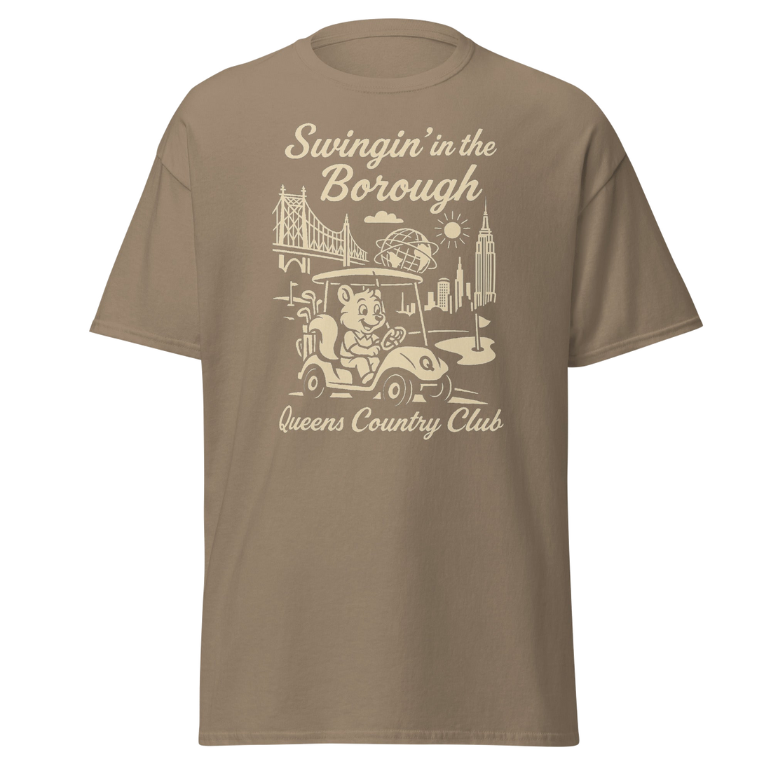 Queens Country Club T-shirt featuring vintage-style golf squirrel mascot driving a golf cart with NYC skyline, Unisphere, and Queensboro Bridge in…