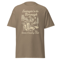 Queens Country Club T-shirt featuring vintage-style golf squirrel mascot driving a golf cart with NYC skyline, Unisphere, and Queensboro Bridge in…