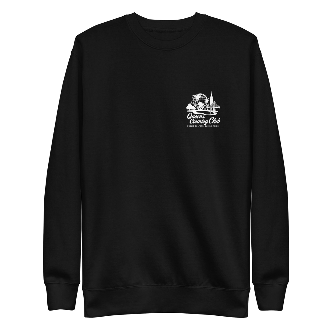 Black sweatshirt with a white logo on the chest Queens Unisphere Golf Sweatshirt | Queens Country Club