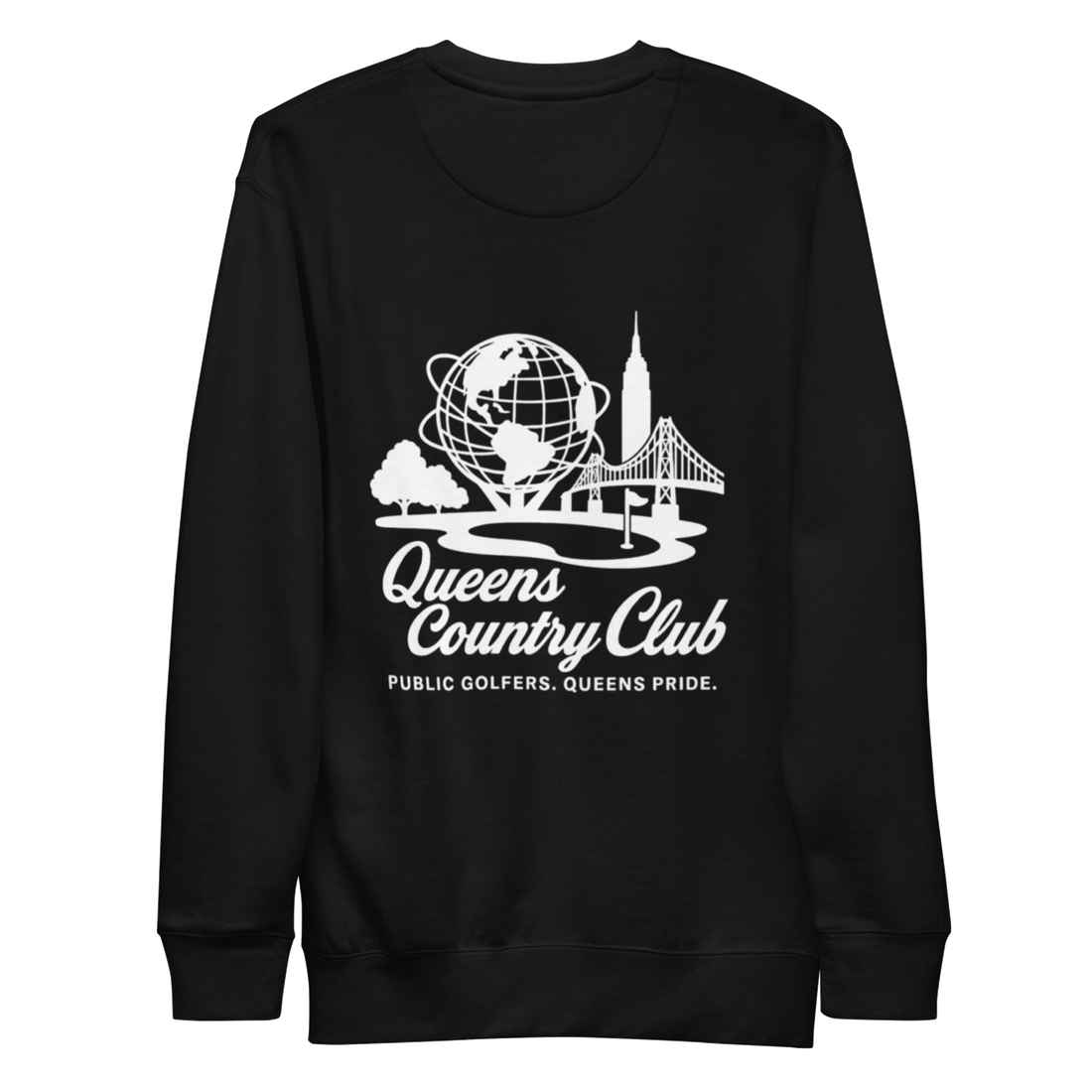 Black sweatshirt with white graphic and text Queens Unisphere Golf Sweatshirt | Queens Country Club
