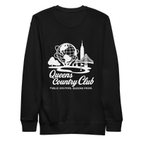 Black sweatshirt with white graphic and text Queens Unisphere Golf Sweatshirt | Queens Country Club