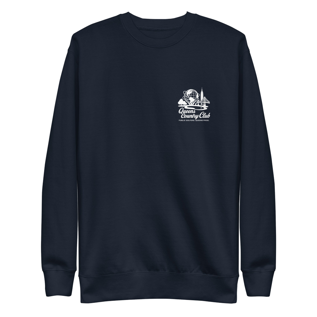 Navy blue sweatshirt with a white logo Queens Unisphere Golf Sweatshirt | Queens Country Club