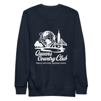 Navy blue sweatshirt with white graphic and text Queens Unisphere Golf Sweatshirt | Queens Country Club