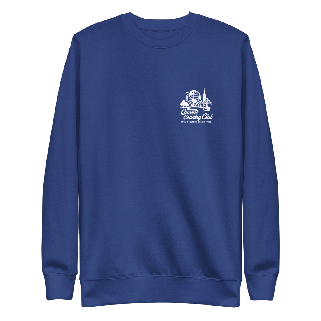 Blue sweatshirt with a white logo Queens Unisphere Golf Sweatshirt | Queens Country Club