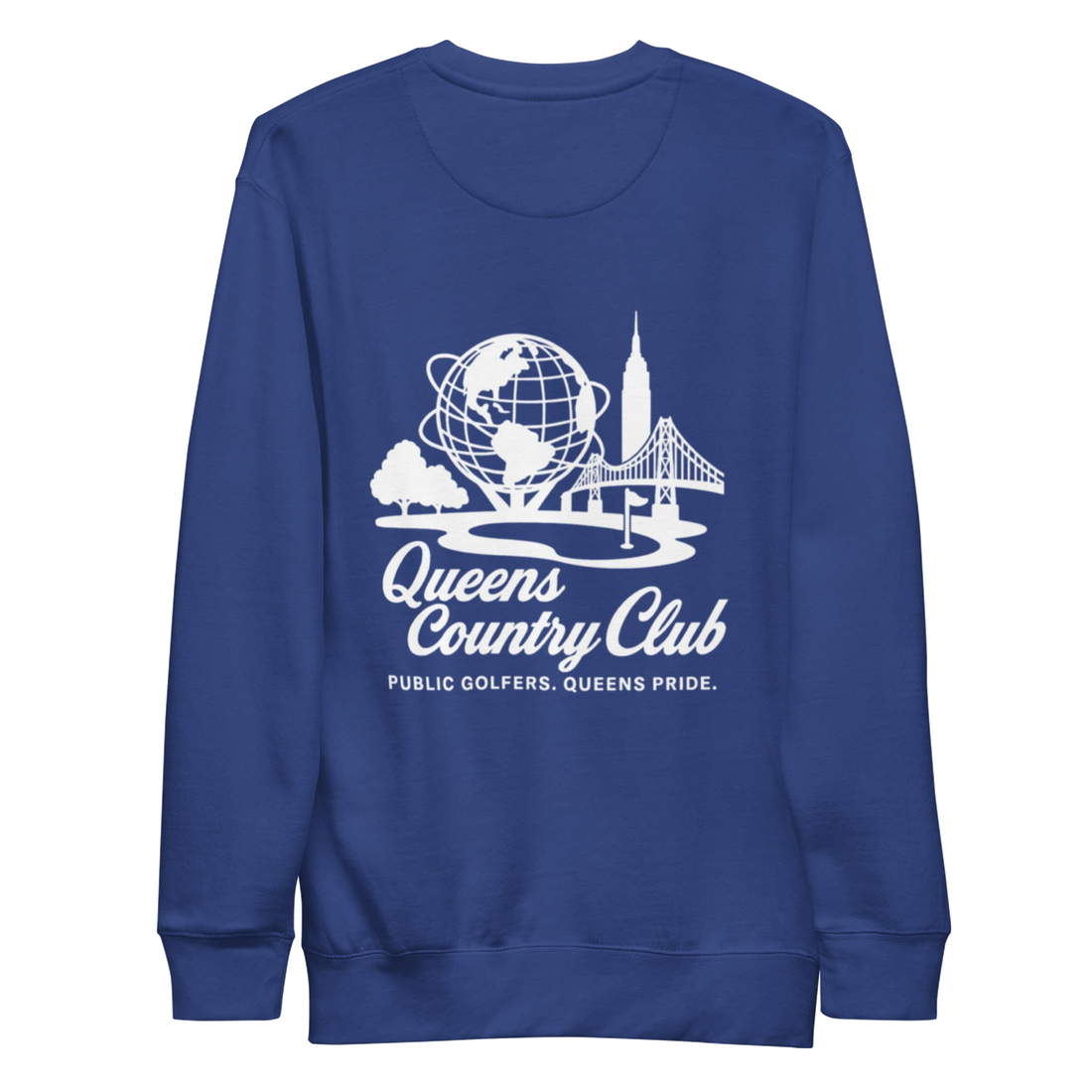 Blue sweatshirt with white graphic and text Queens Unisphere Golf Sweatshirt | Queens Country Club