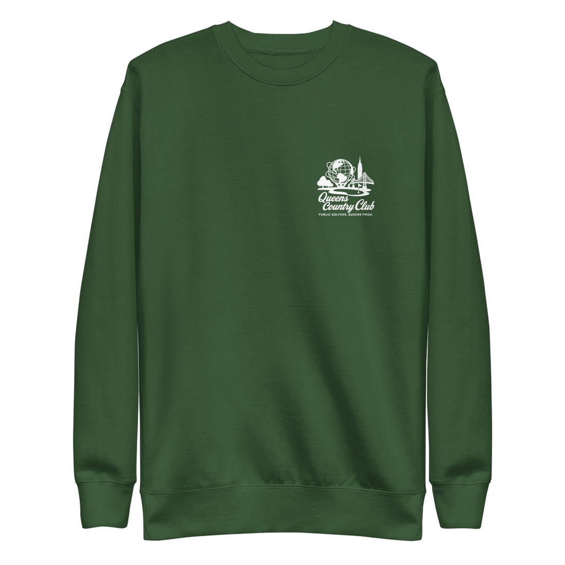 Green sweatshirt with a logo on the chest , Queens Unisphere Golf Sweatshirt | Queens Country Club