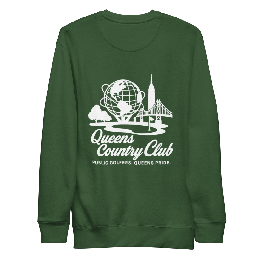 Green sweatshirt with white graphic and text Queens Unisphere Golf Sweatshirt | Queens Country Club