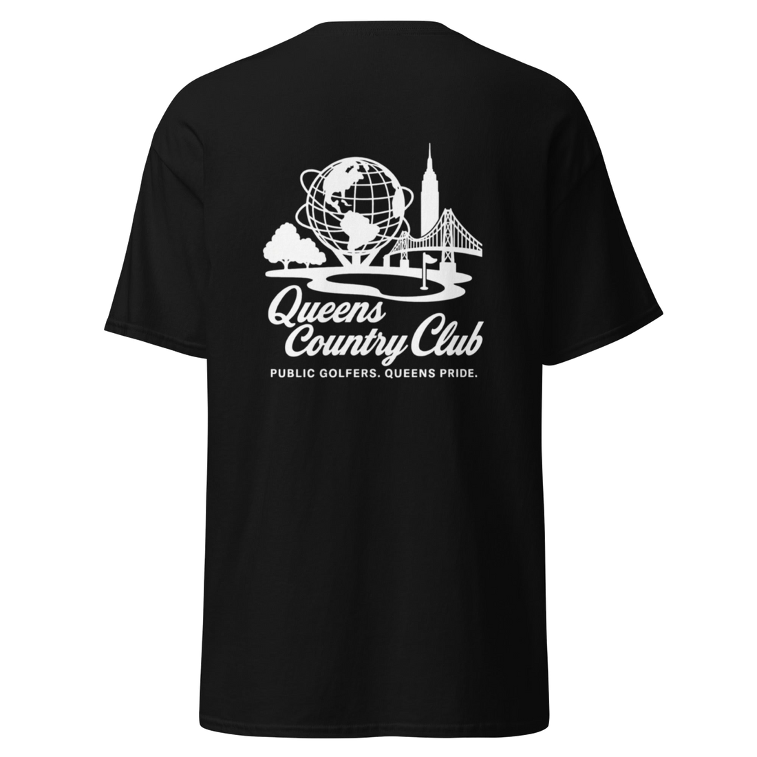 Black t-shirt with white graphic and text | Queens Country Club
