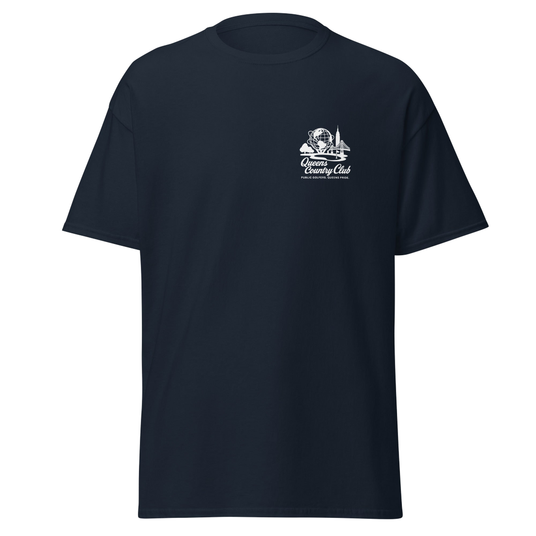 Navy blue t-shirt with a white logo on the chest, Queens Unisphere Golf Tee | Queens Country Club