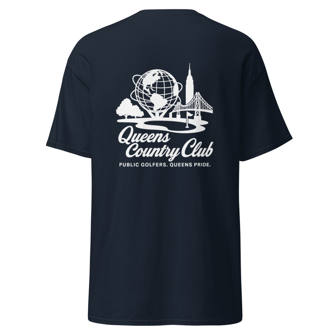 Navy t-shirt with white graphic and text Queens Unisphere Golf Tee | Queens Country Club