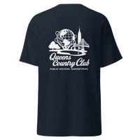 Navy t-shirt with white graphic and text Queens Unisphere Golf Tee | Queens Country Club