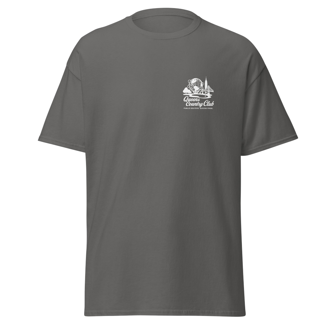 Gray t-shirt with a logo on the chest against a white background Queens Unisphere Golf Tee | Queens Country Club