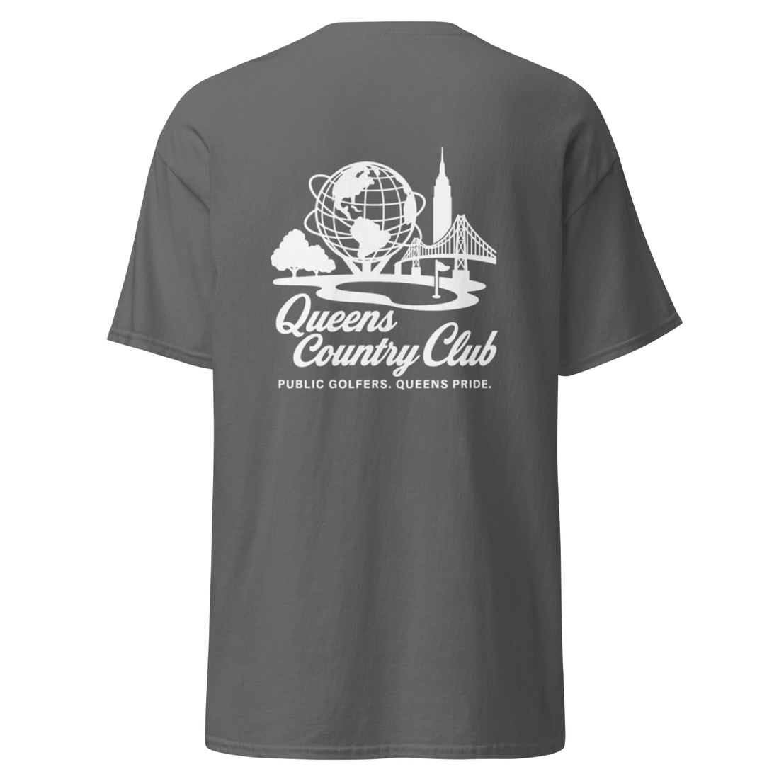 Gray t-shirt with 'Queens Country Club' logo on the back Queens Unisphere Golf Tee