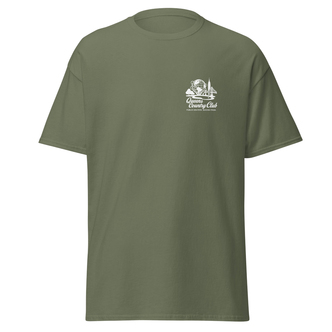 Green t-shirt with a logo on the chest against Queens Unisphere Golf Tee | Queens Country Club