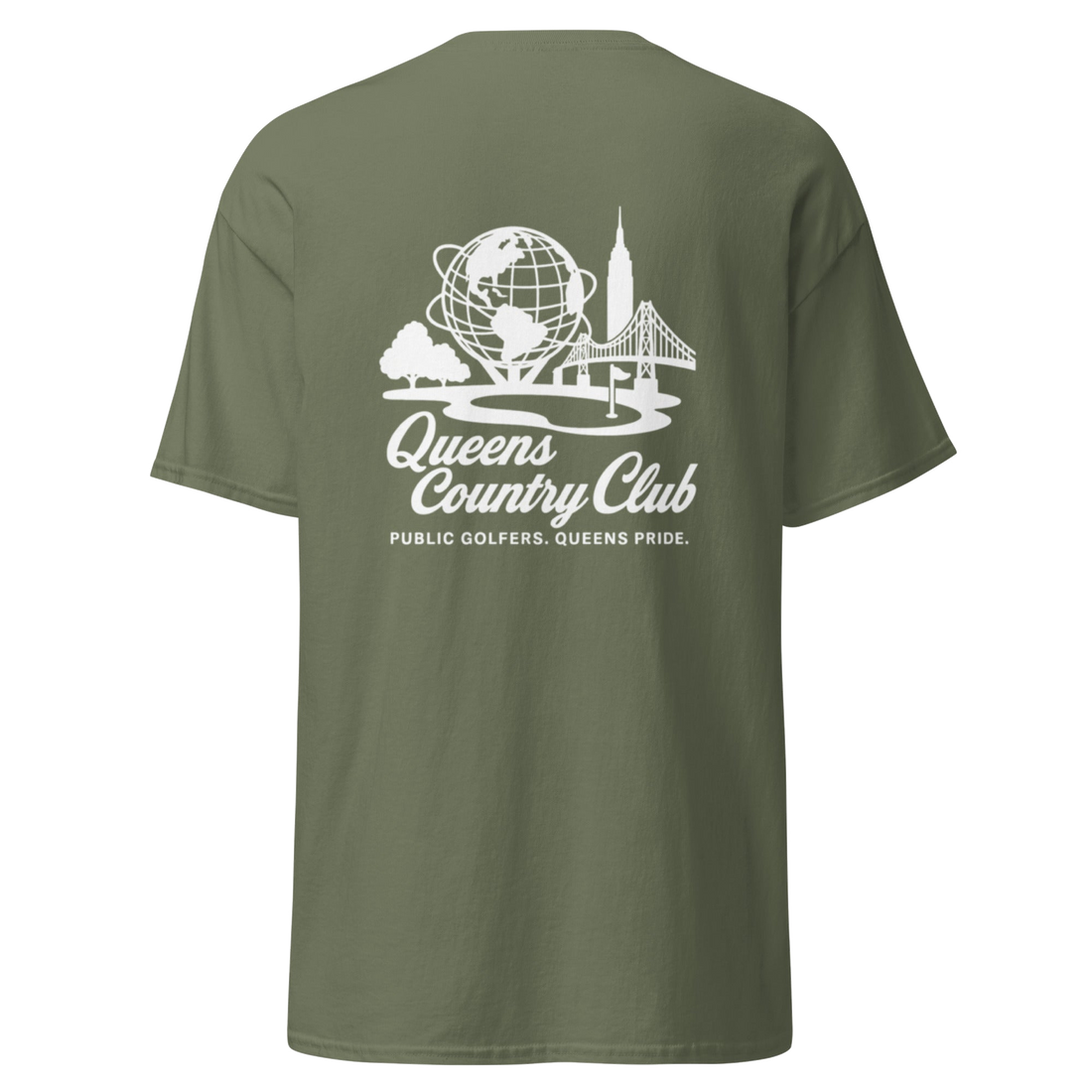 Green t-shirt with white graphic and text Queens Unisphere Golf Tee | Queens Country Club