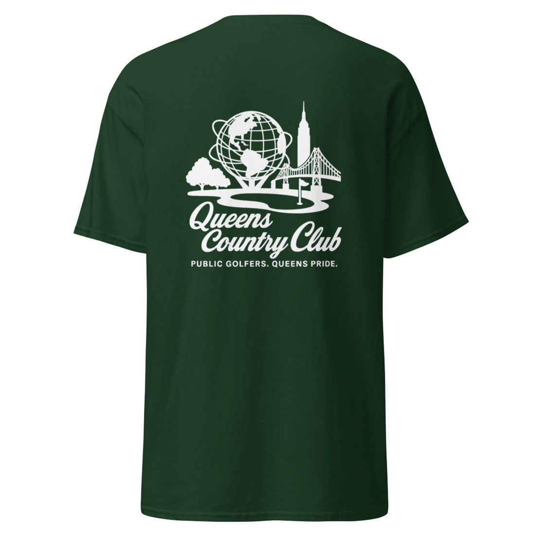 Green t-shirt with 'Queens Country Club' logo on the back. Queens Unisphere Golf Tee