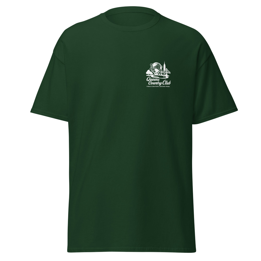 Green tQueens Unisphere Golf Tee-shirt with a logo on the chest , | Queens Country Club