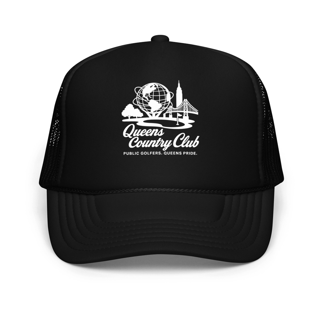 Black trucker cap with 'Queens Country Club' logo , Queens Unisphere Golf Foam trucker hat