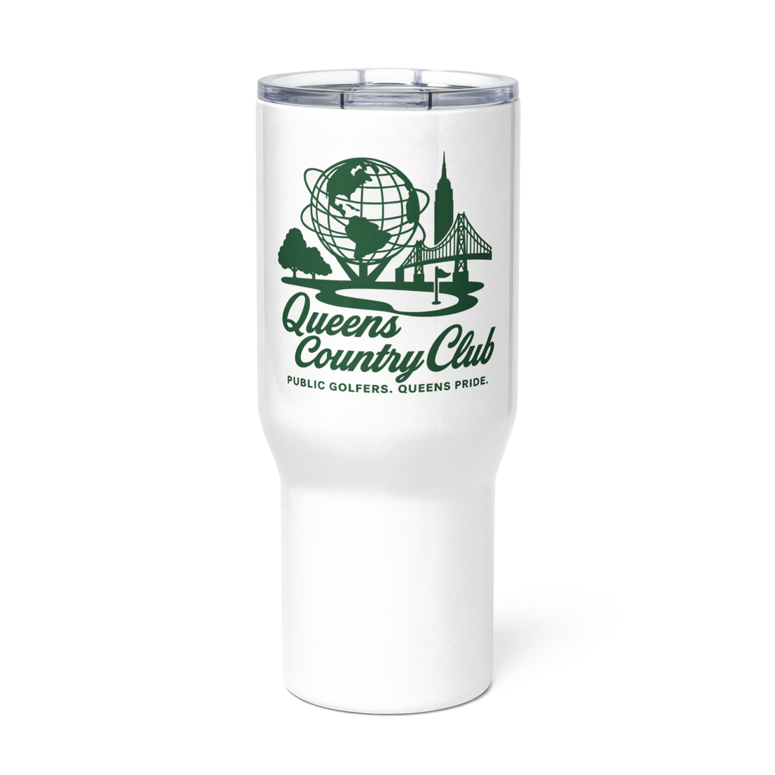 Queens Unisphere Golf Travel mug with a handle in White — front view | Queens Country Club