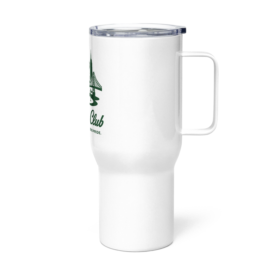 Queens Unisphere Golf Travel mug with a handle in White — left-side view | Queens Country Club