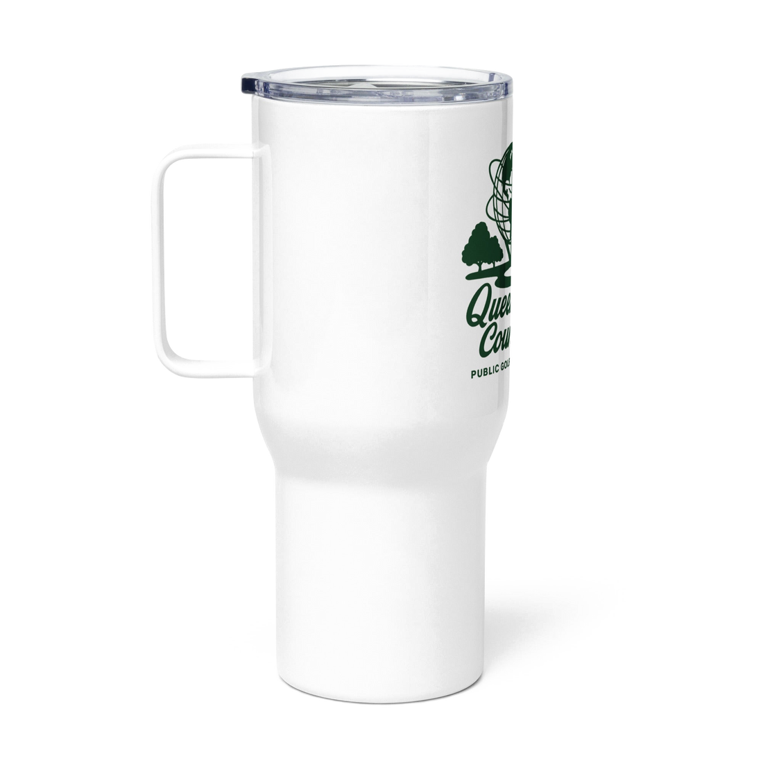 Queens Unisphere Golf Travel mug with a handle in White — right-side view | Queens Country Club