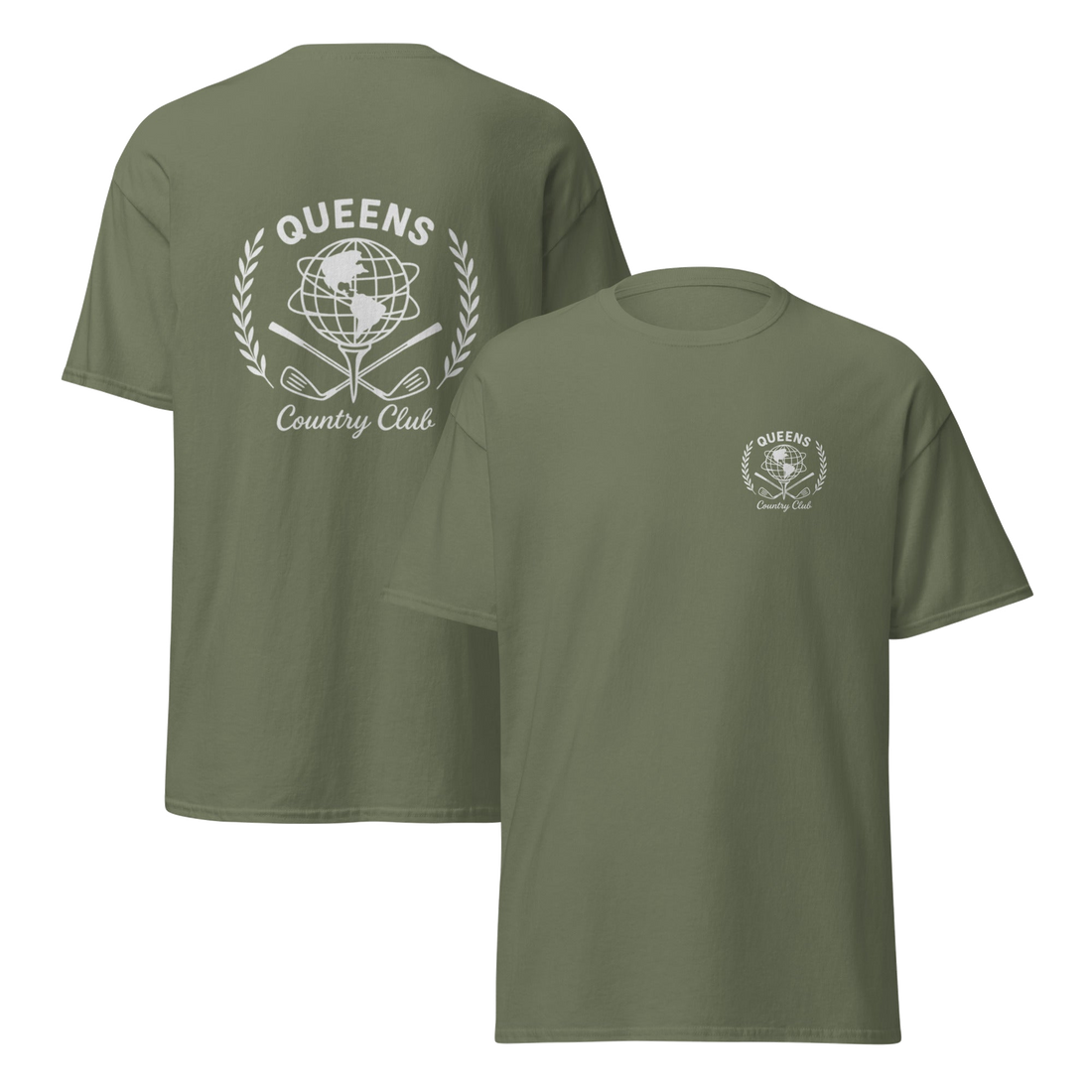 Green t-shirt with 'Queens Country Club' logo on front and back Queens Unisphere Golf Ball Tee