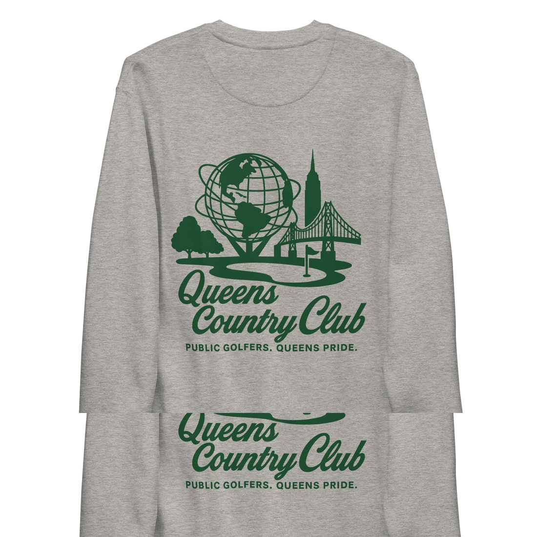Gray sweatshirt with green 'Queens Country Club' logo