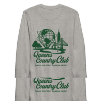 Gray sweatshirt with green 'Queens Country Club' logo