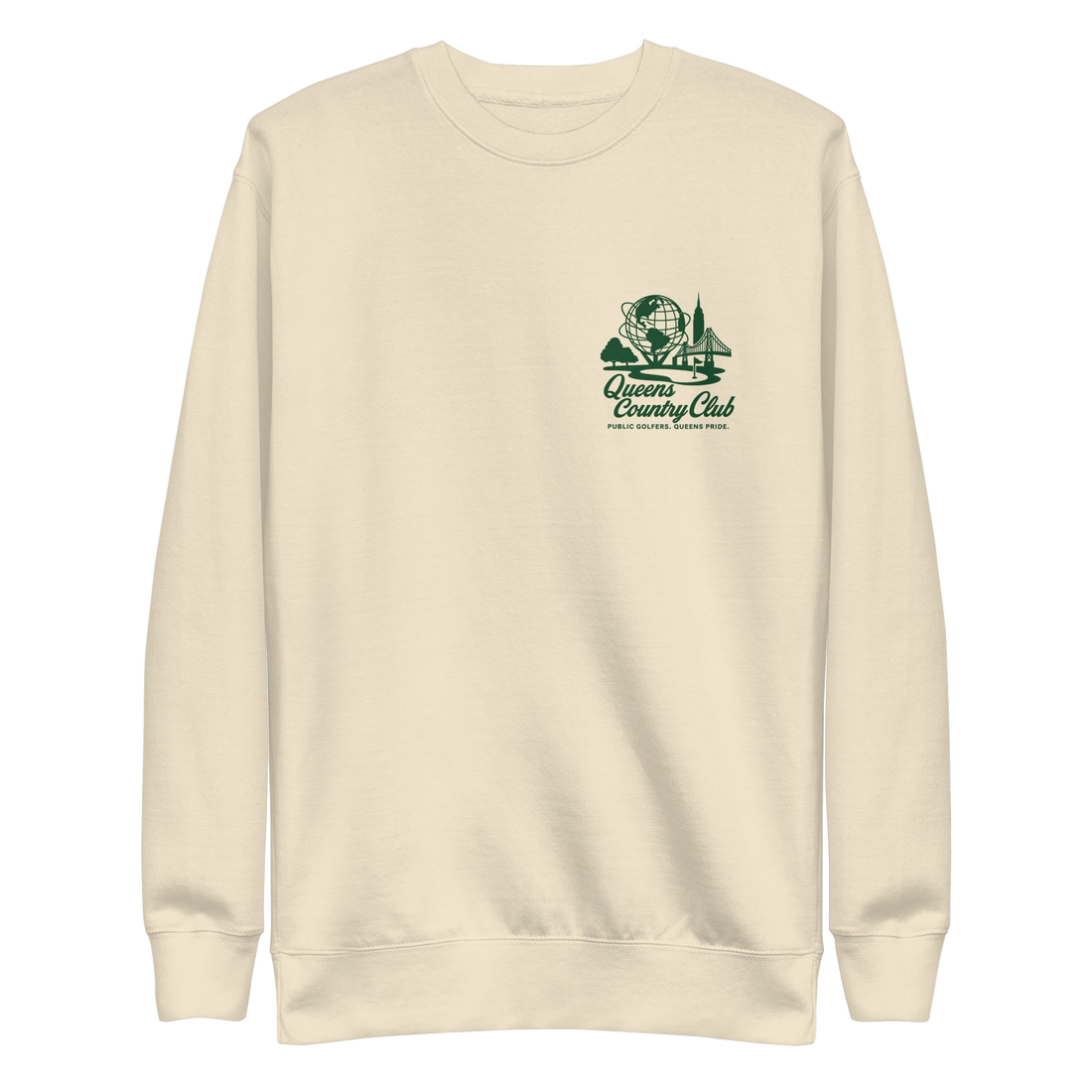 Beige sweatshirt with a green and black logo- Queens Unisphere Golf Sweatshirt | Queens Country Club