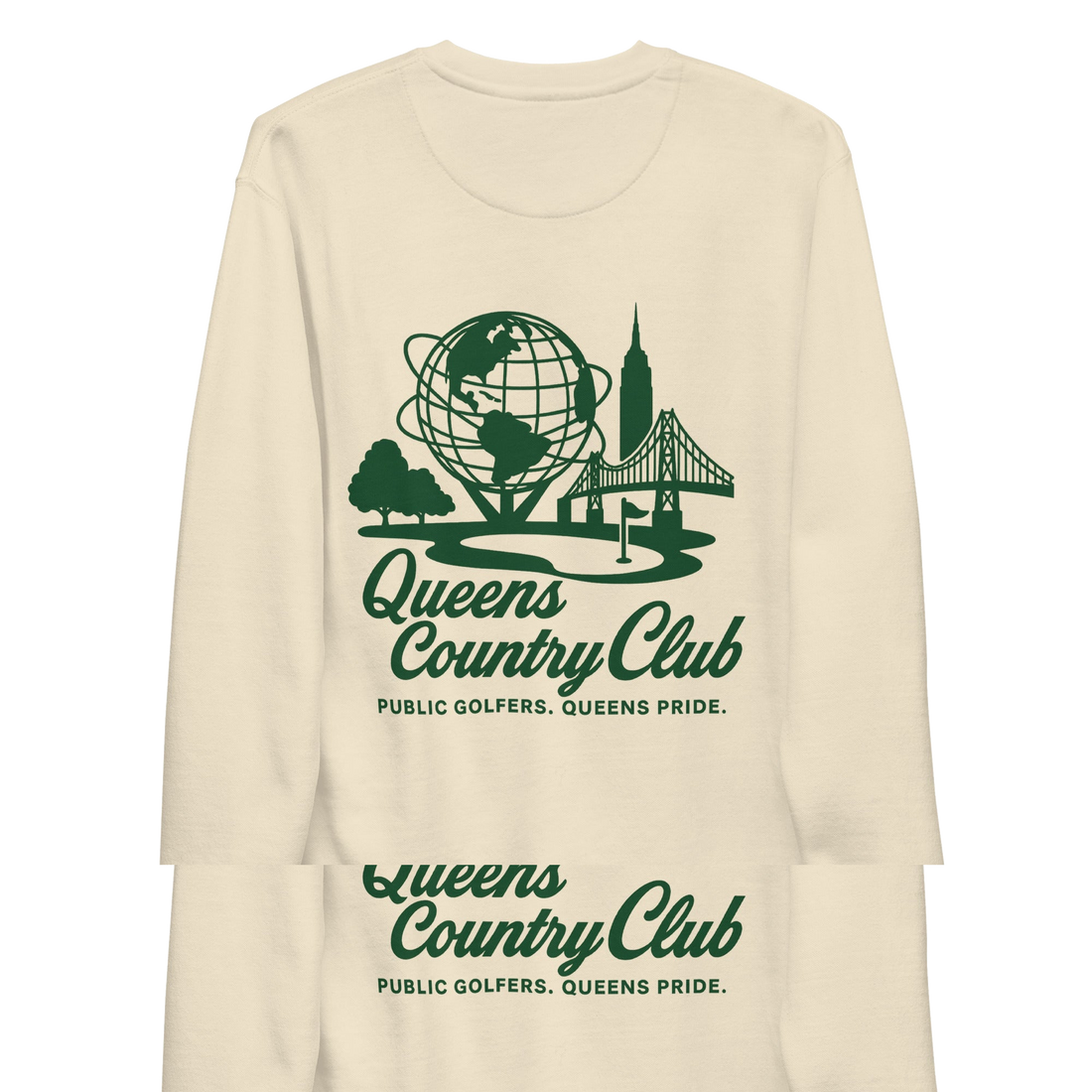 Beige sweatshirt with green graphic and text Queens Unisphere Golf Sweatshirt | Queens Country Club