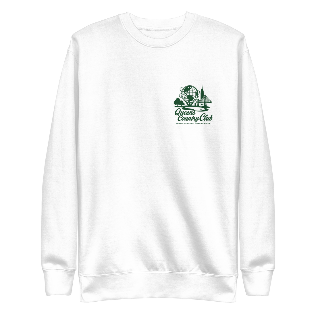 White sweatshirt with green and black logo Queens Unisphere Golf Sweatshirt | Queens Country Club