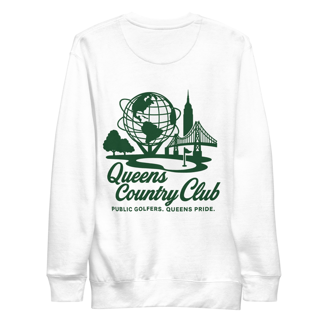 White sweatshirt with green 'Queens Country Club' logo on a white Unisphere Golf Sweatshirt