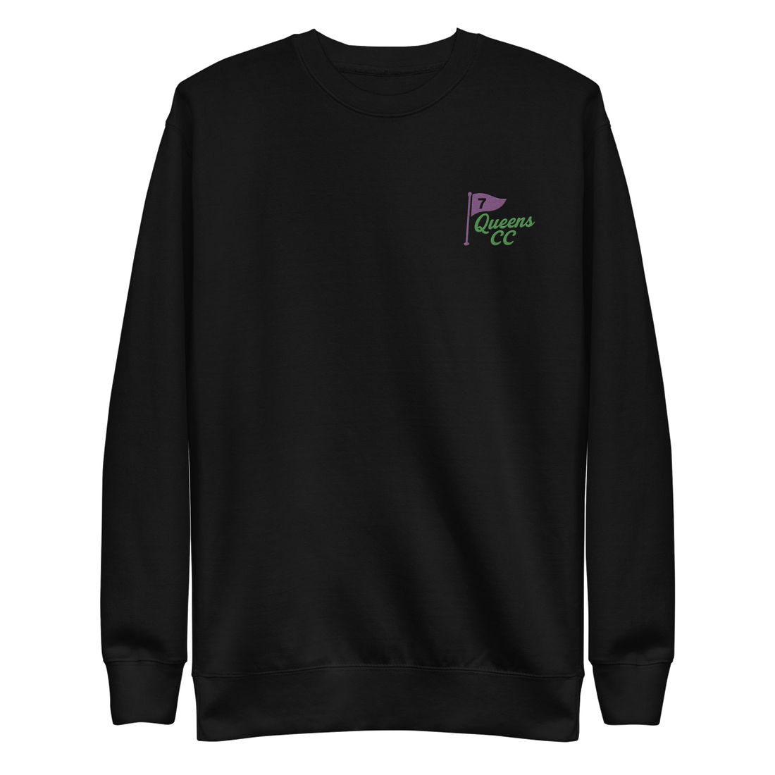 Queens Country Club sweatshirt with front left chest flag logo and large back graphic reading “Queens Country Club – The City’s Country Club